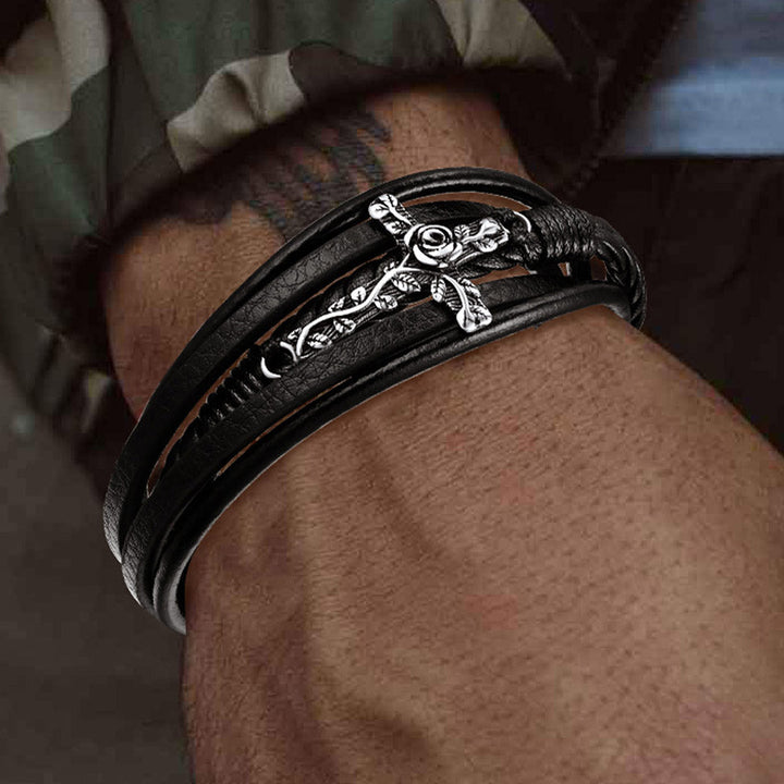 Christian Black Rose Cross Braided Leather Bracelet Gift for Men