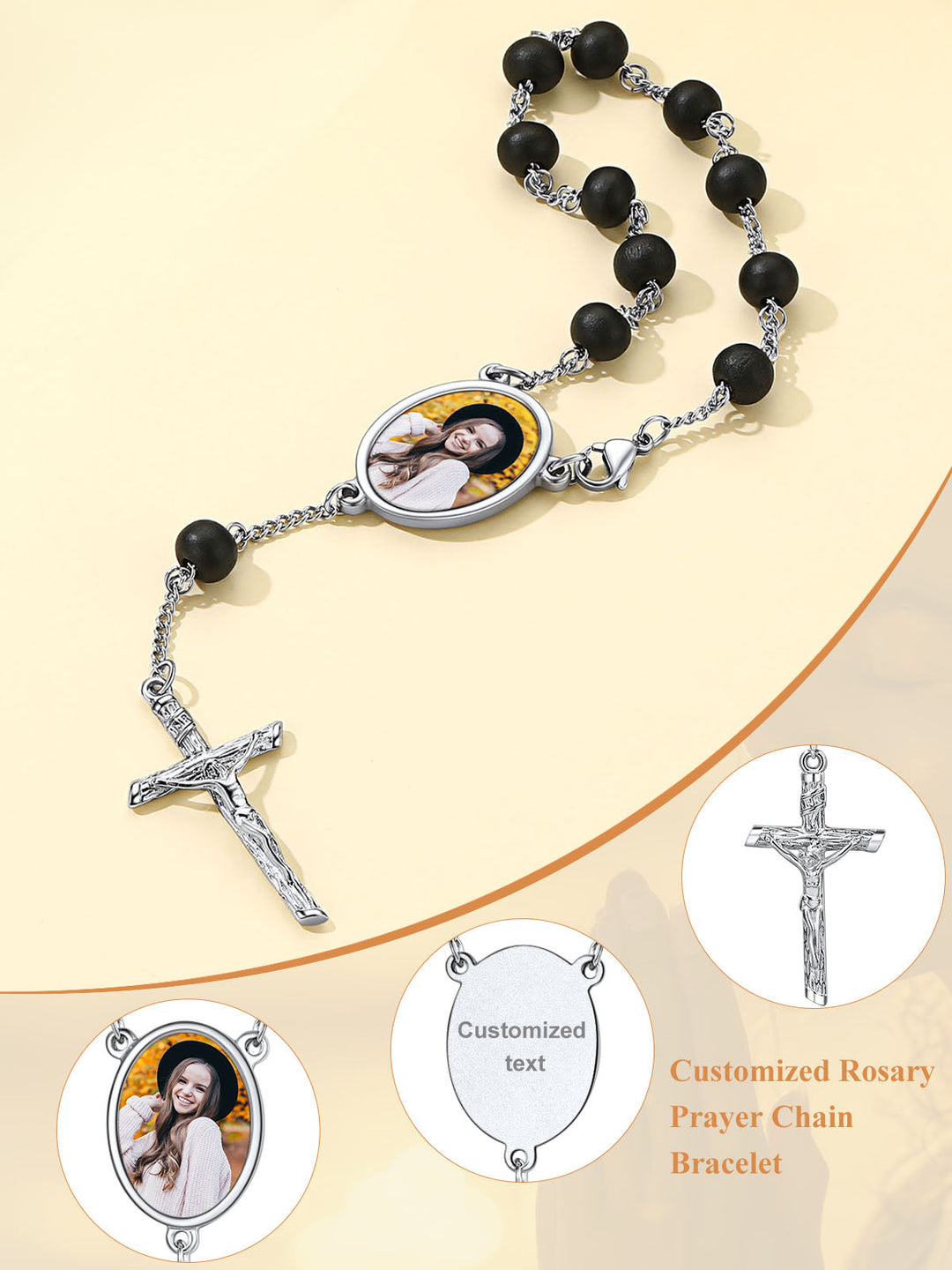 Personalized Picture Rosary Beads Cross Bracelets Gift for Women Men