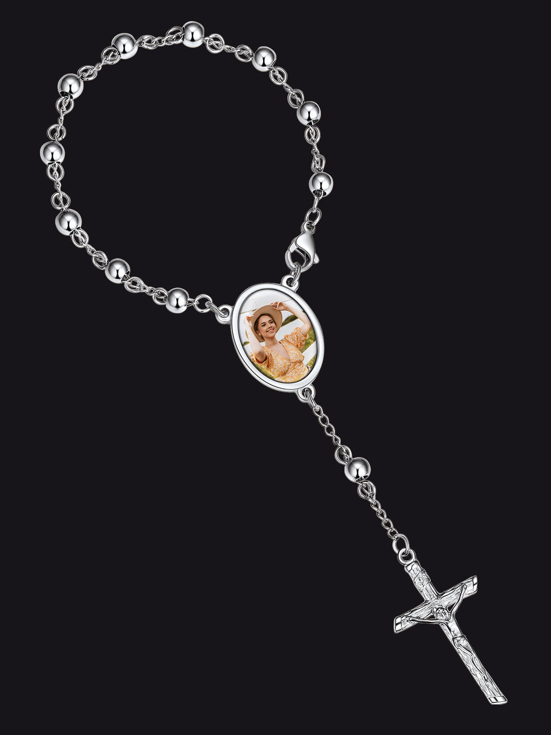 Custom Picture Rosary Beads Bracelets with Cross for Men Father Gift