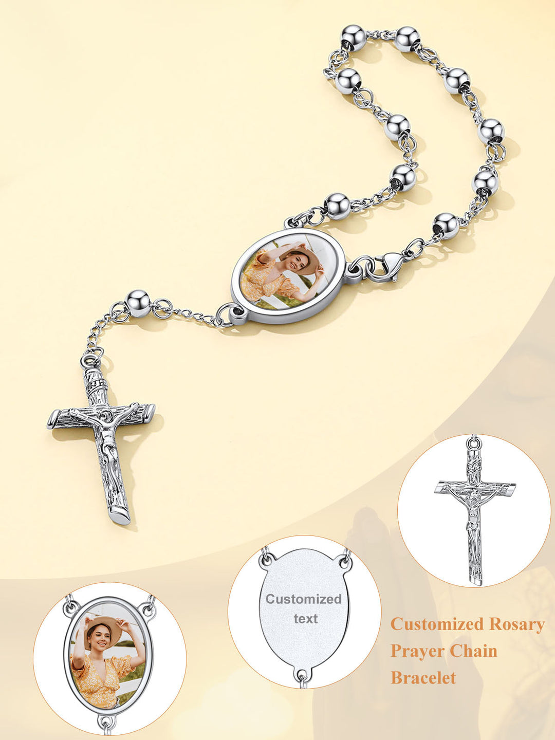 Custom Picture Rosary Beads Bracelets with Cross for Men Father Gift