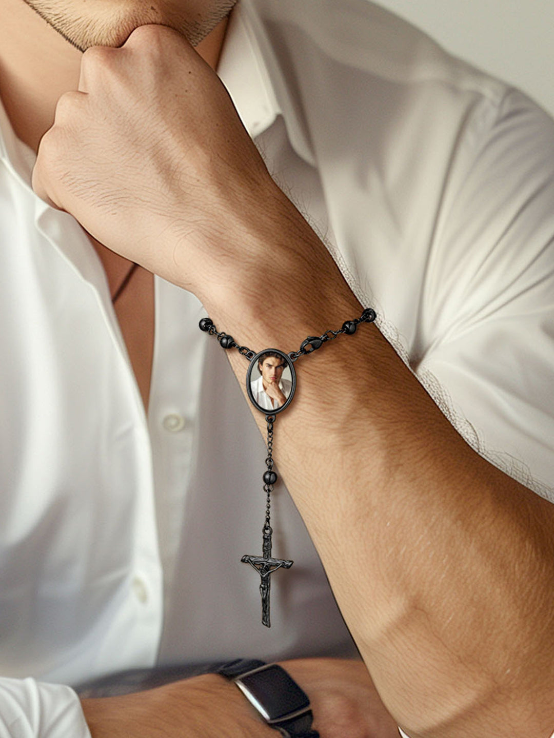 Custom Picture Rosary Beads Bracelets with Cross for Men Father Gift