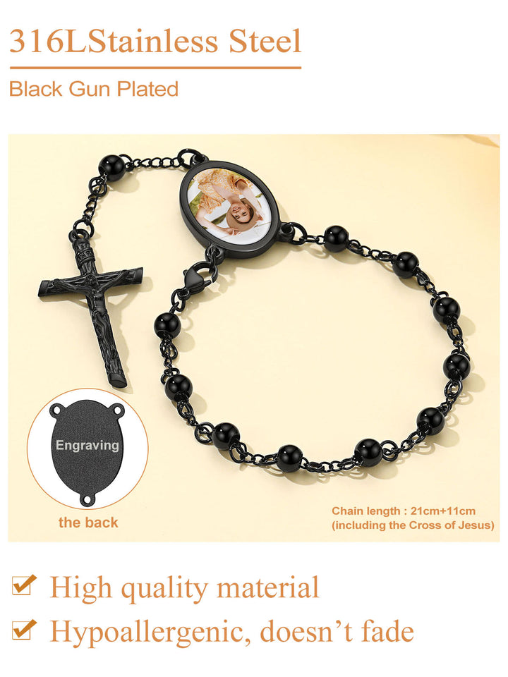 Custom Picture Rosary Beads Bracelets with Cross for Men Father Gift
