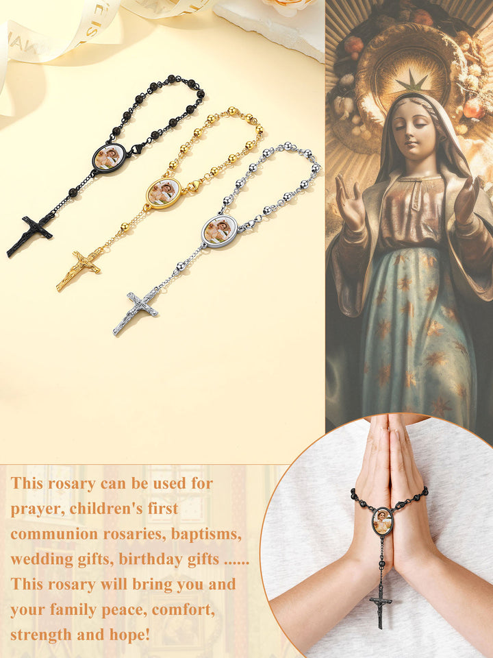 Custom Picture Rosary Beads Bracelets with Cross for Men Father Gift