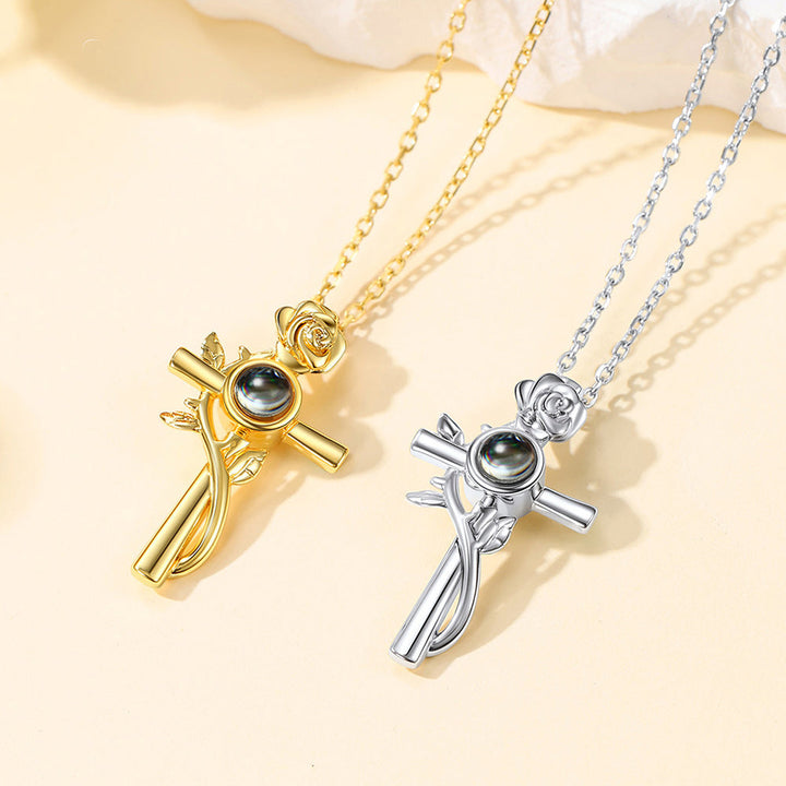 Personalized Projection Picture Cross Necklace with Rose for Women Mom