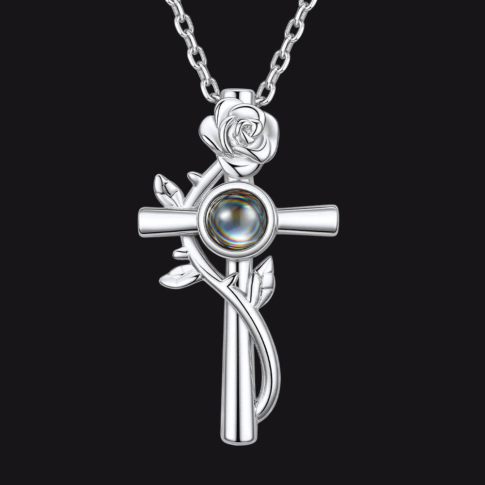 Personalized Projection Picture Cross Necklace with Rose for Women Mom