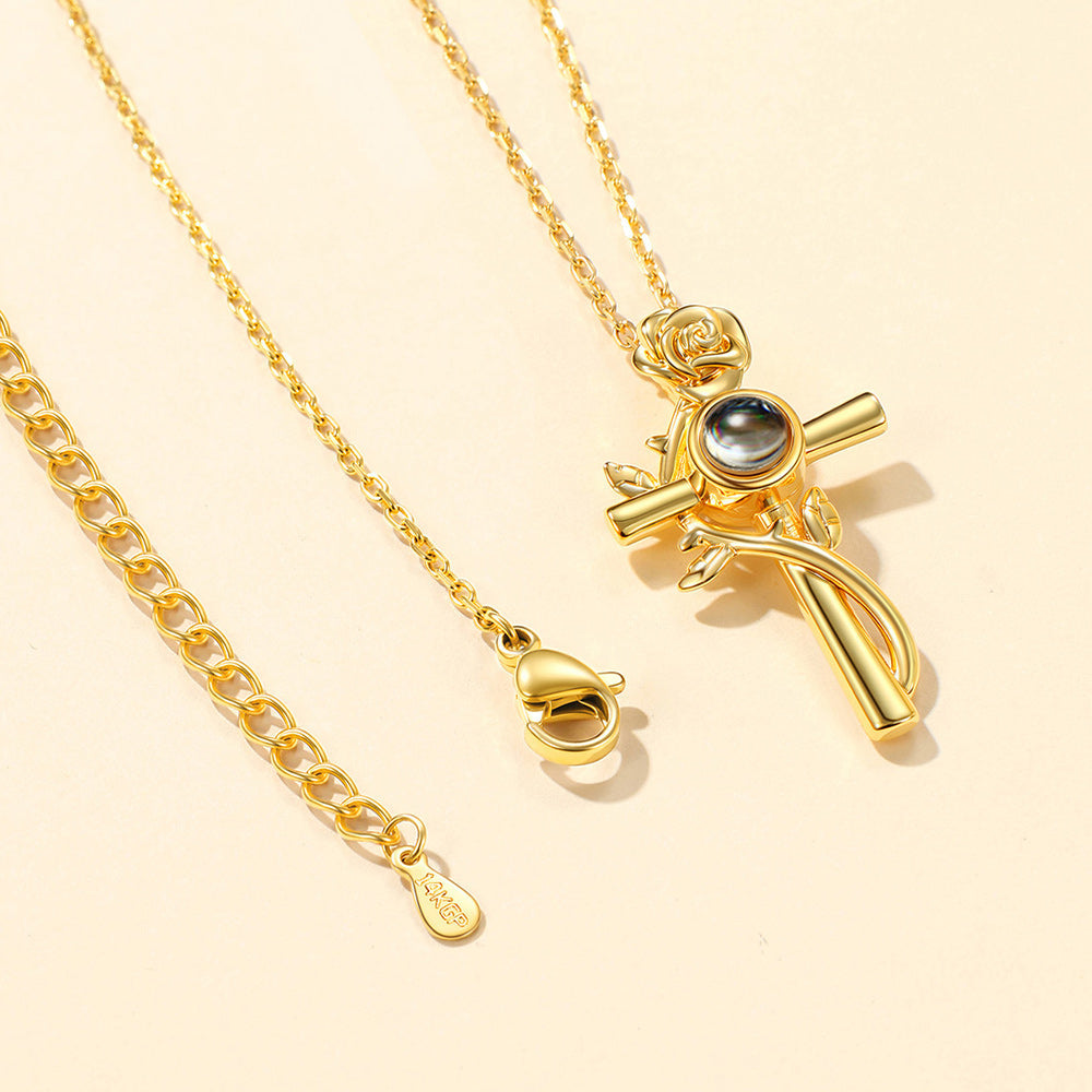 Personalized Projection Picture Cross Necklace with Rose for Women Mom