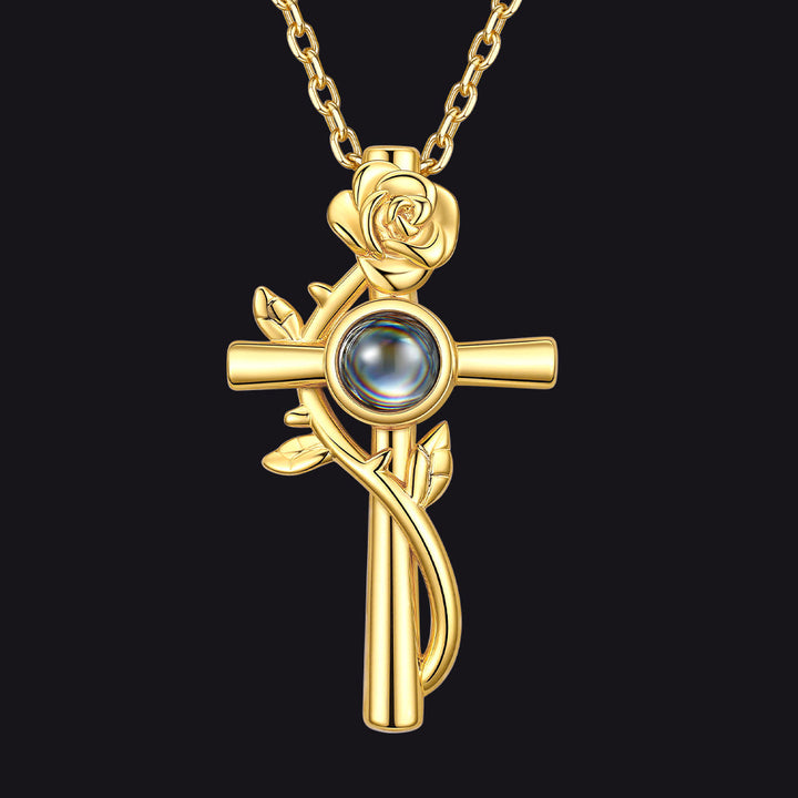 Personalized Projection Picture Cross Necklace with Rose for Women Mom