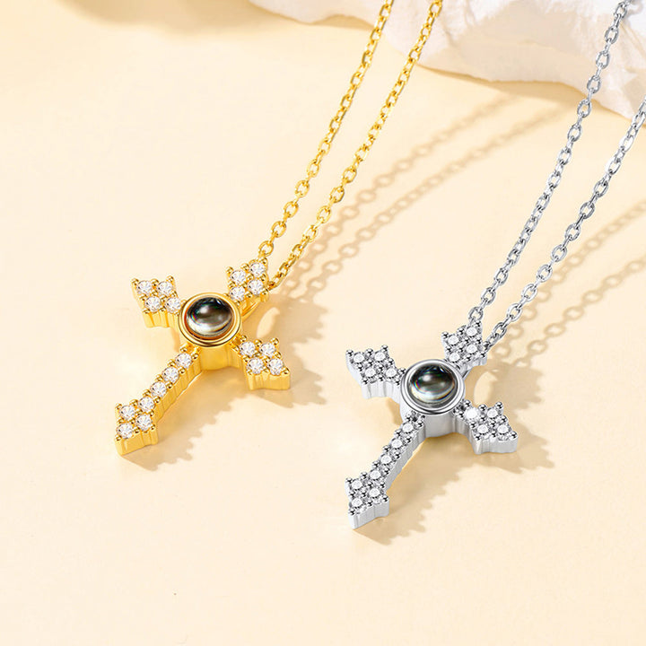 Personalized Projection Picture Punk Cross Pendant Necklace with CZ for Women Mom
