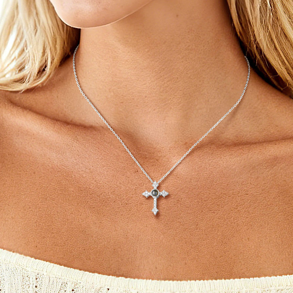 Personalized Projection Picture Punk Cross Pendant Necklace with CZ for Women Mom