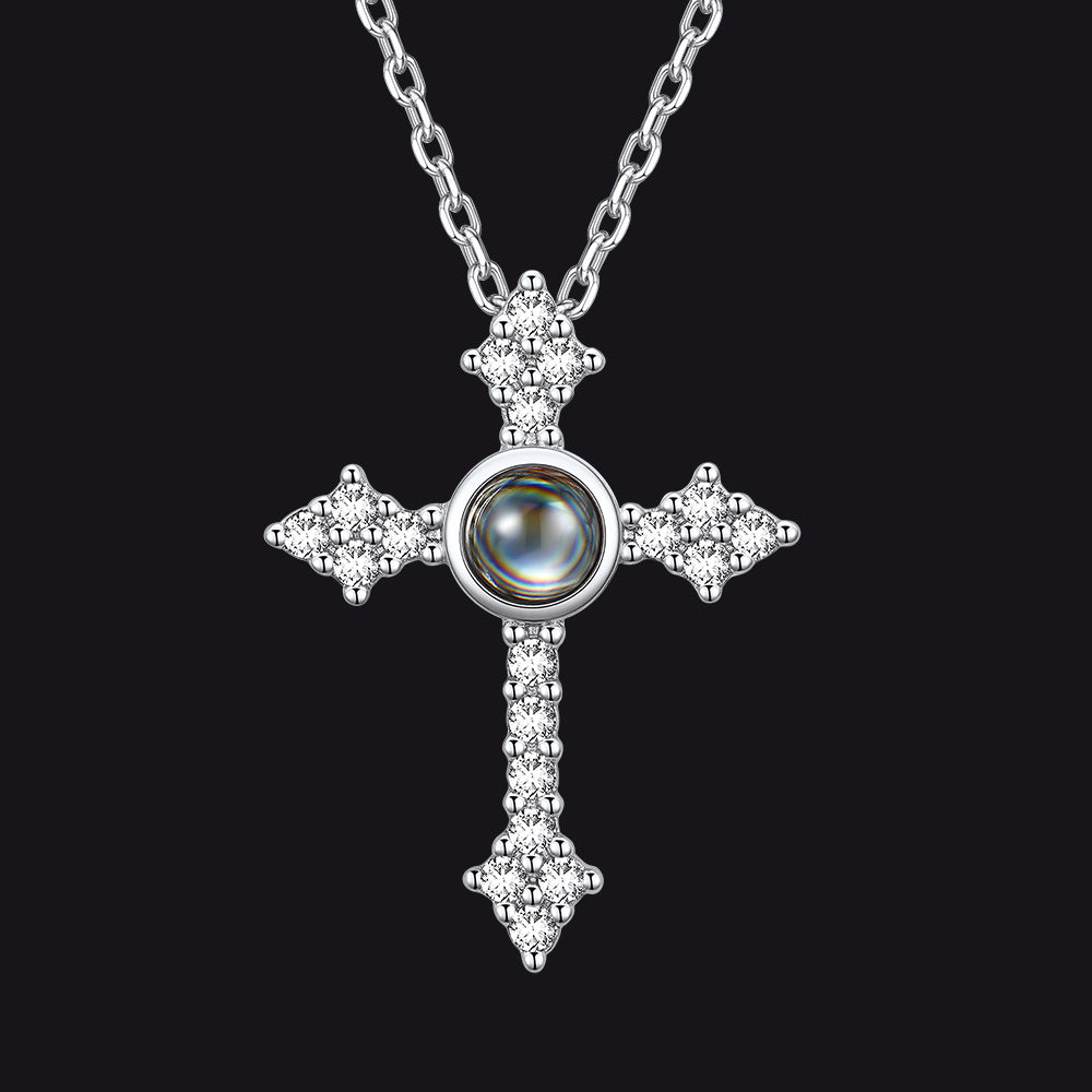 Personalized Projection Picture Punk Cross Pendant Necklace with CZ for Women Mom