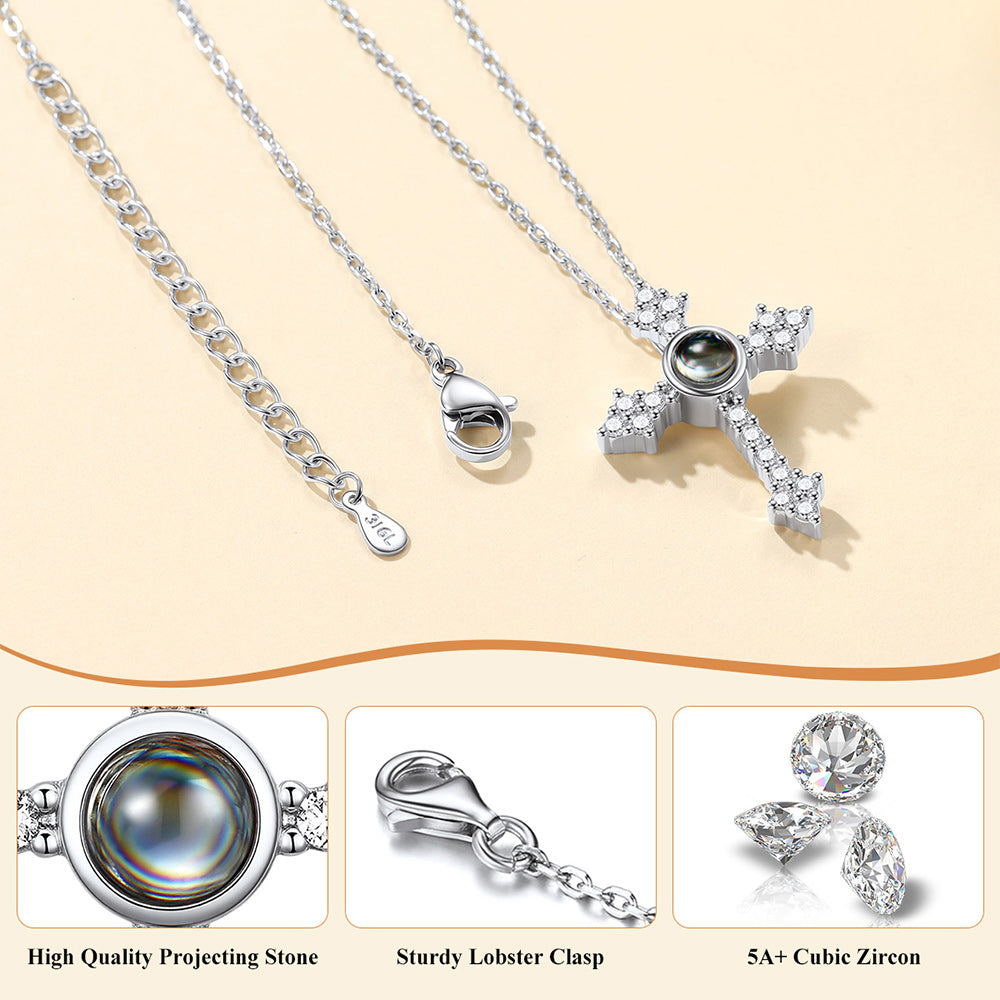 Personalized Projection Picture Punk Cross Pendant Necklace with CZ for Women Mom