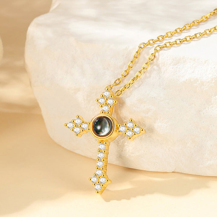 Personalized Projection Picture Punk Cross Pendant Necklace with CZ for Women Mom