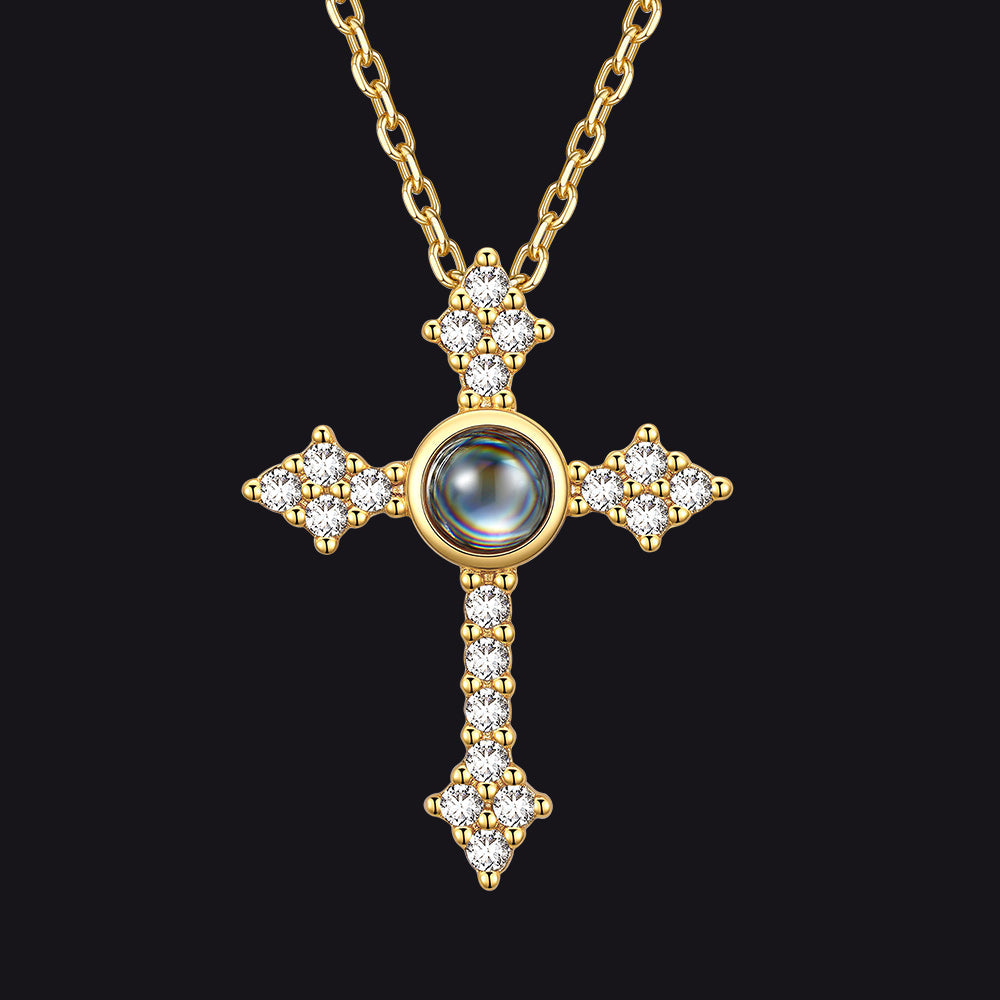 Personalized Projection Picture Punk Cross Pendant Necklace with CZ for Women Mom
