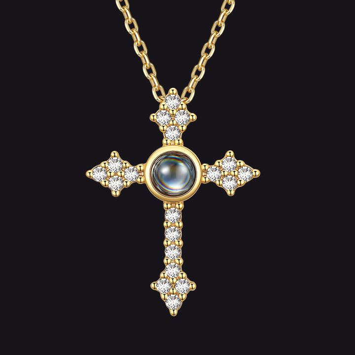Personalized Projection Picture Punk Cross Pendant Necklace with CZ for Women Mom