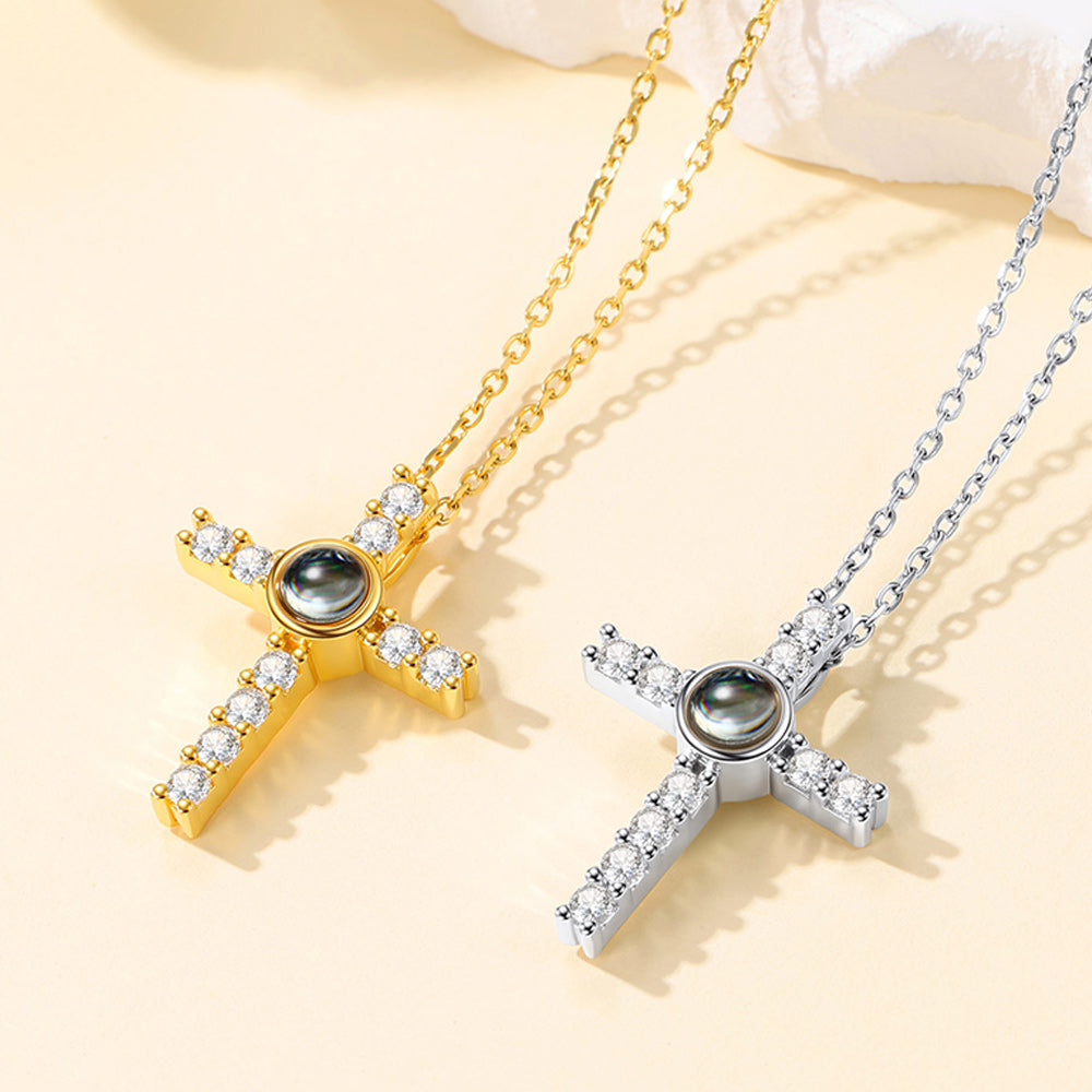 Personalized Projection Picture Cross Necklace for Women, Photo Pendant with CZ