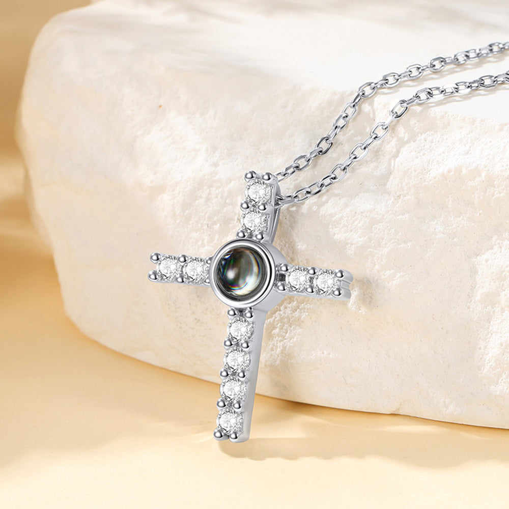 Personalized Projection Picture Cross Necklace for Women, Photo Pendant with CZ