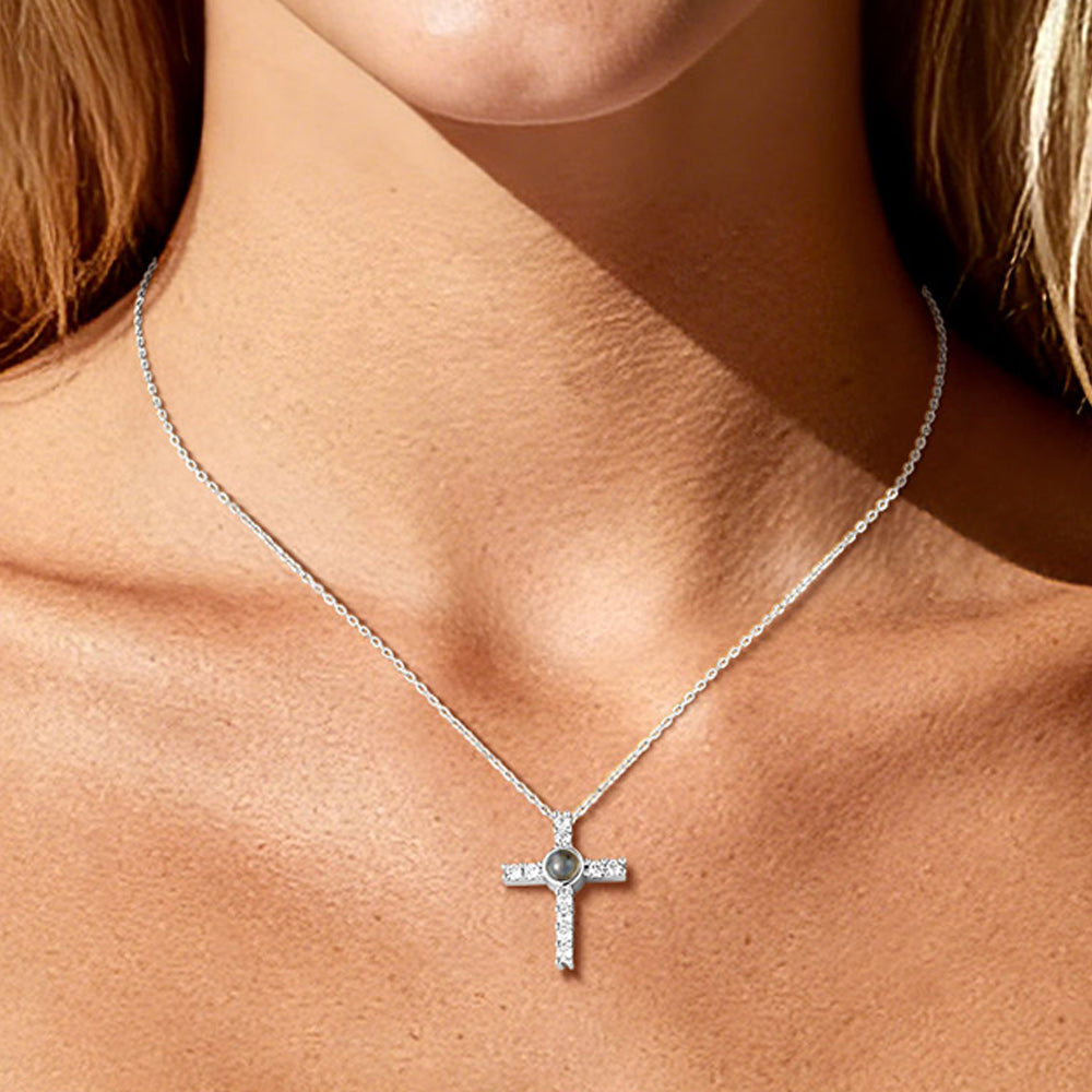 Personalized Projection Picture Cross Necklace for Women, Photo Pendant with CZ