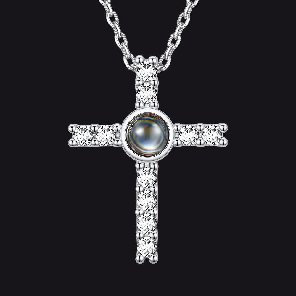 Personalized Projection Picture Cross Necklace for Women, Photo Pendant with CZ