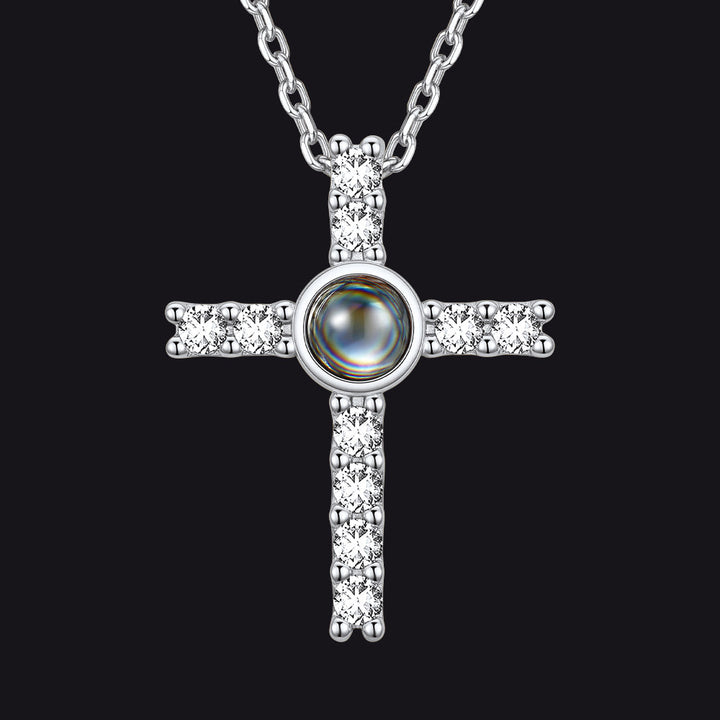 Personalized Projection Picture Cross Necklace for Women, Photo Pendant with CZ