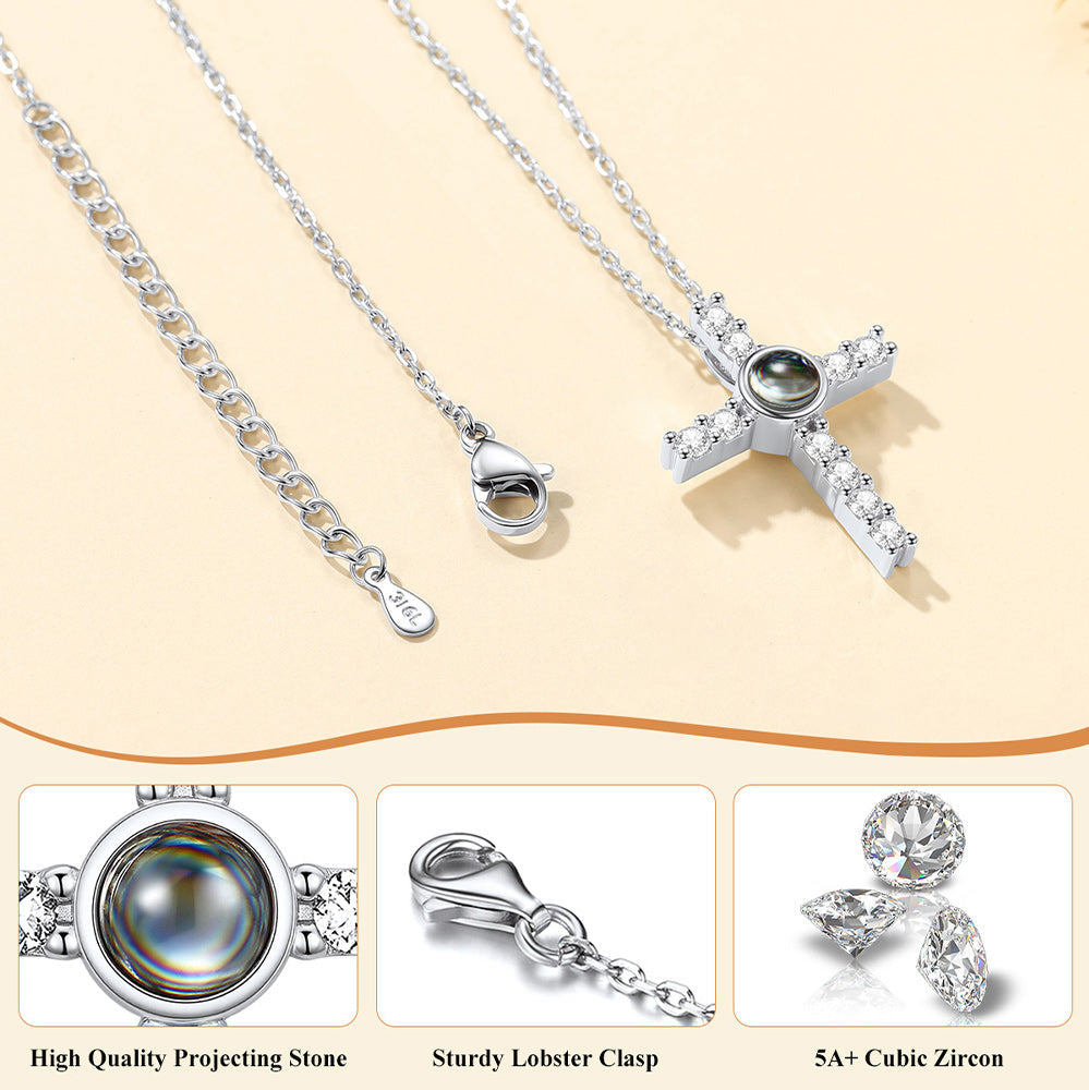 Personalized Projection Picture Cross Necklace for Women, Photo Pendant with CZ