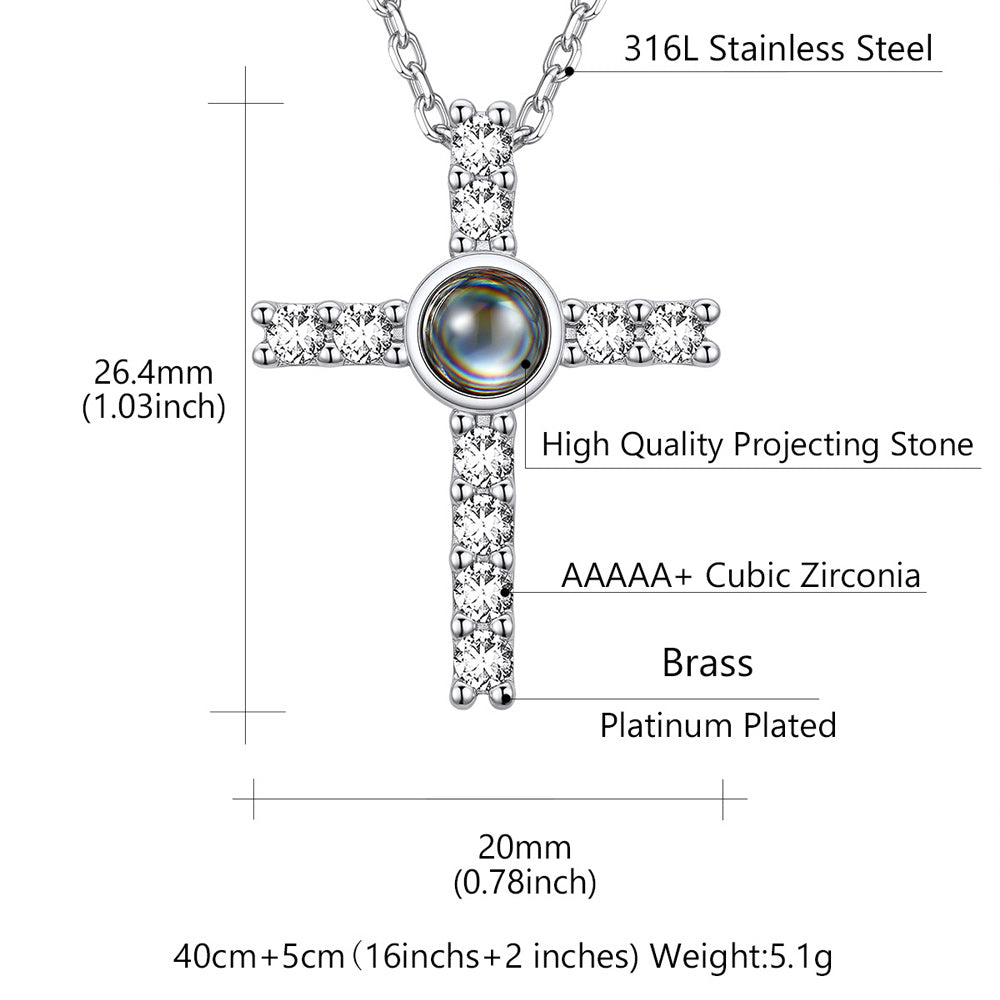 Personalized Projection Picture Cross Necklace for Women, Photo Pendant with CZ