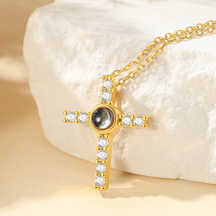 Personalized Projection Picture Cross Necklace for Women, Photo Pendant with CZ