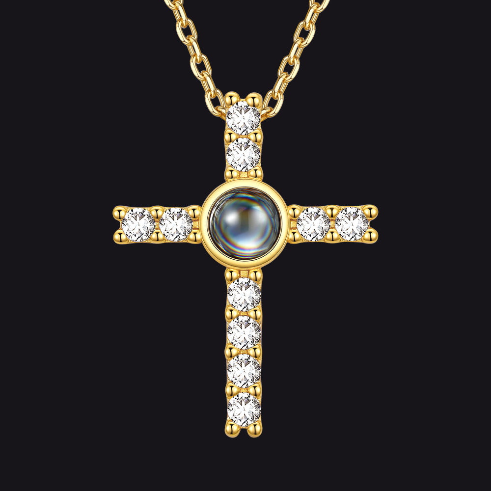 Personalized Projection Picture Cross Necklace for Women, Photo Pendant with CZ