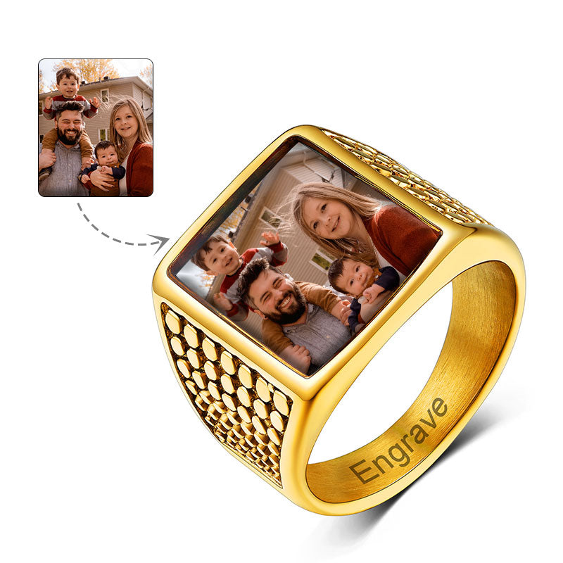 Customized Photo Ring Square Engraved Signet Ring for Men
