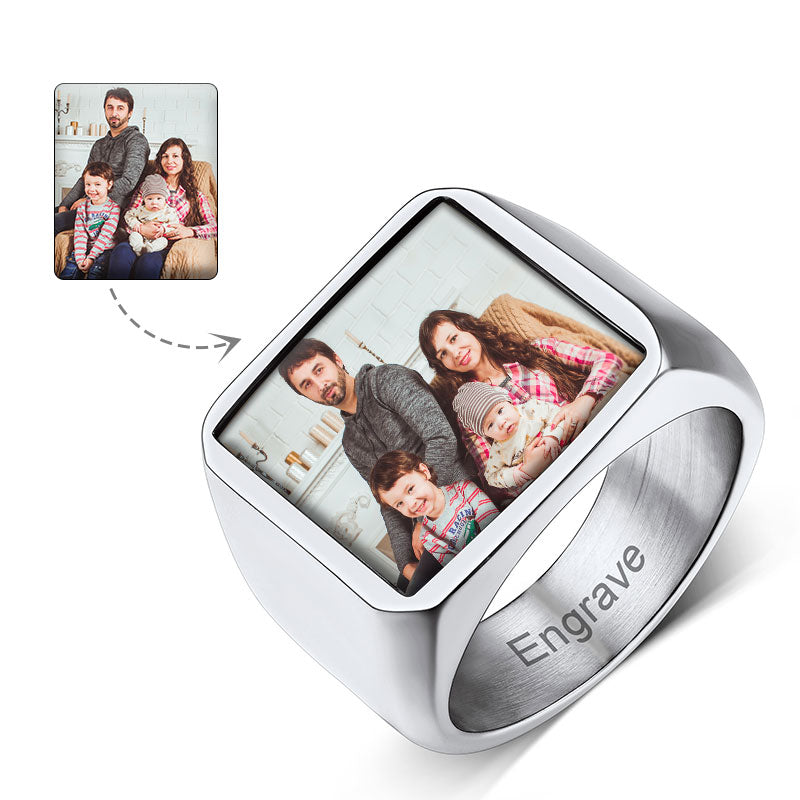Customized Square Picture Signet Ring With Photo for Men Women