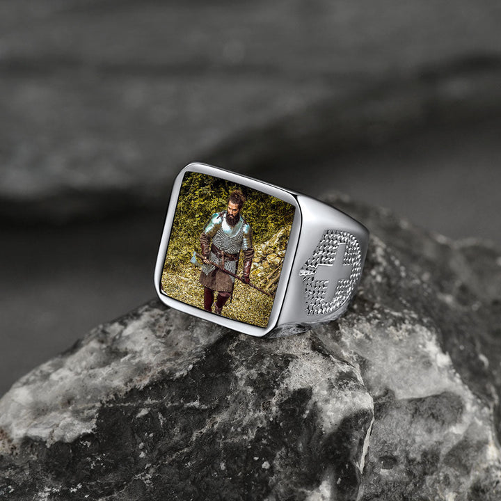Customized Photo Signet Ring With Cross for Men Women