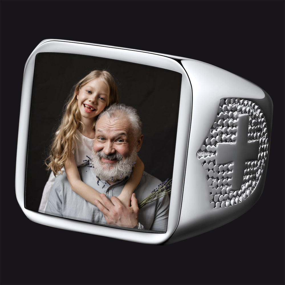 Customized Photo Signet Ring With Cross for Men Women