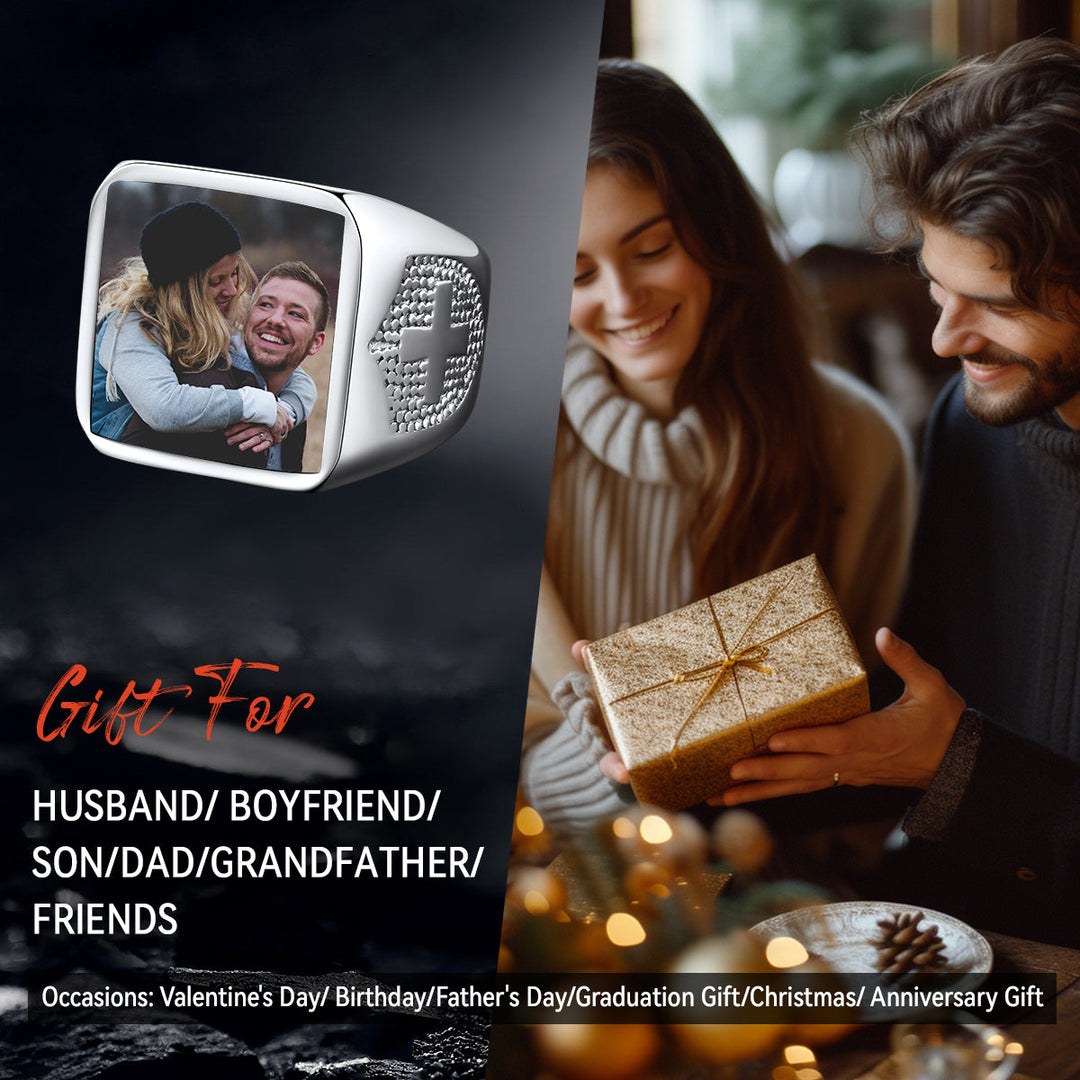Customized Photo Signet Ring With Cross for Men Women