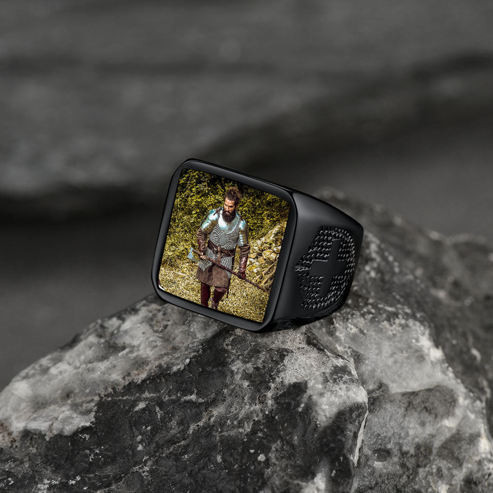 Customized Photo Signet Ring With Cross for Men Women