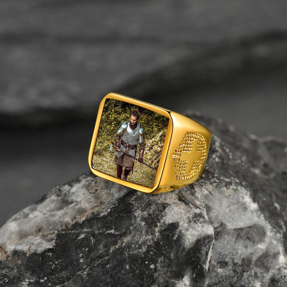 Customized Photo Signet Ring With Cross for Men Women
