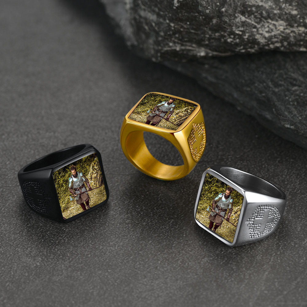 Customized Photo Signet Ring With Cross for Men Women