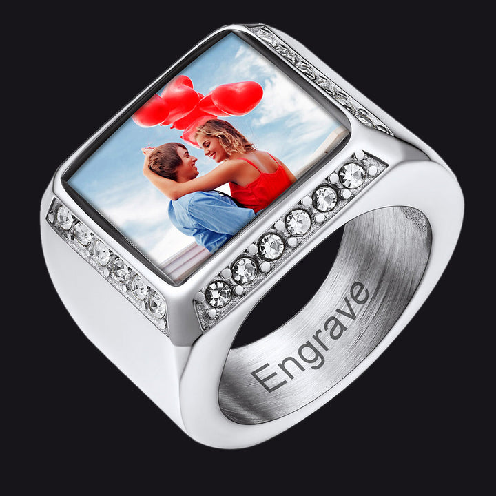 Personalized Photo Name Square Signet Ring Gift for Men and Women