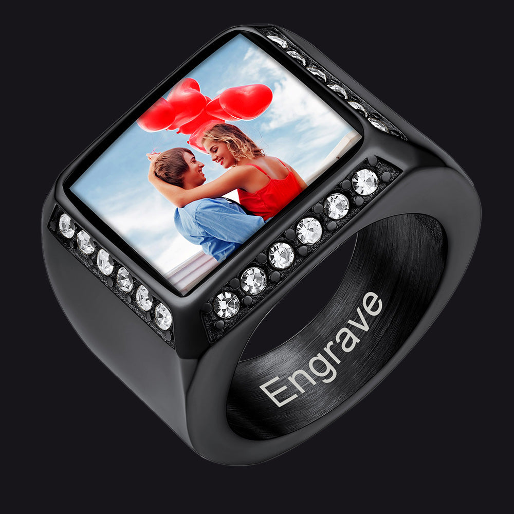 Personalized Photo Name Square Signet Ring Gift for Men and Women