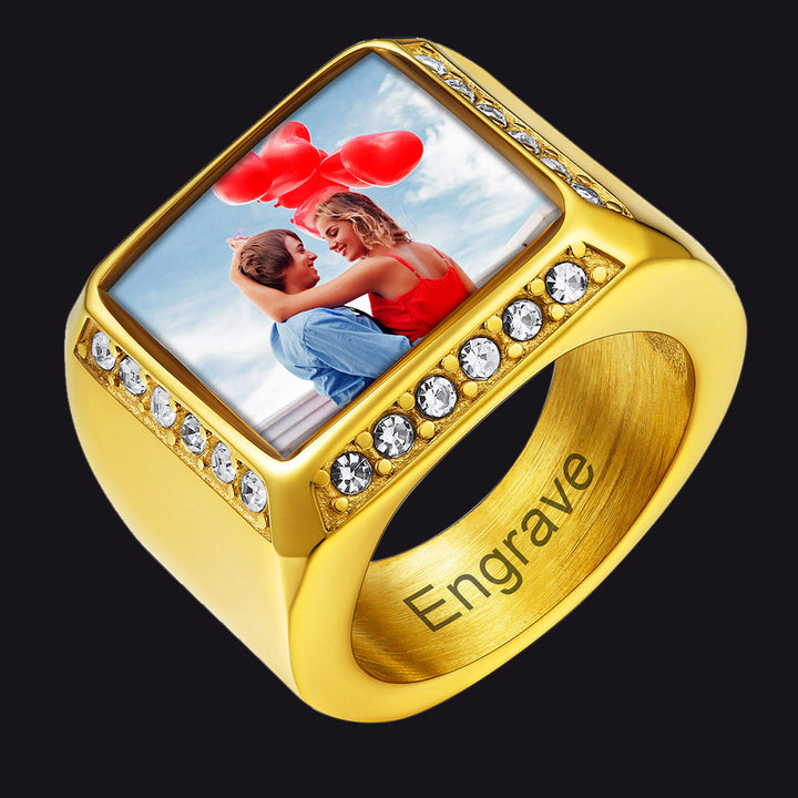 Personalized Photo Name Square Signet Ring Gift for Men and Women