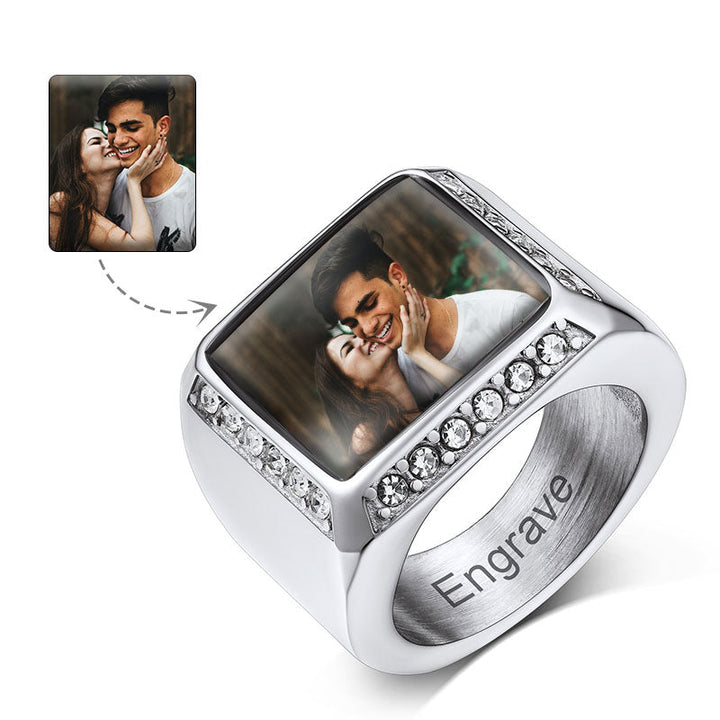 Personalized Photo Name Square Signet Ring Gift for Men and Women