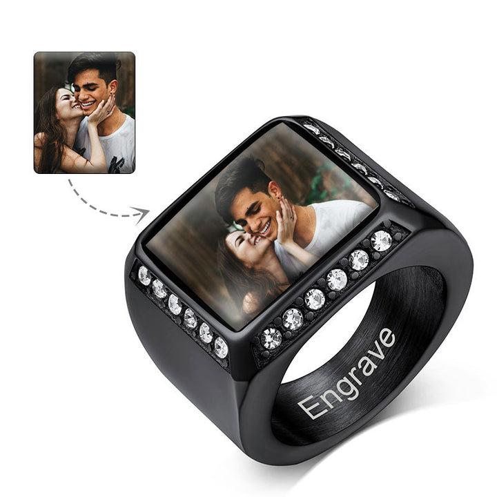 Personalized Photo Name Square Signet Ring Gift for Men and Women