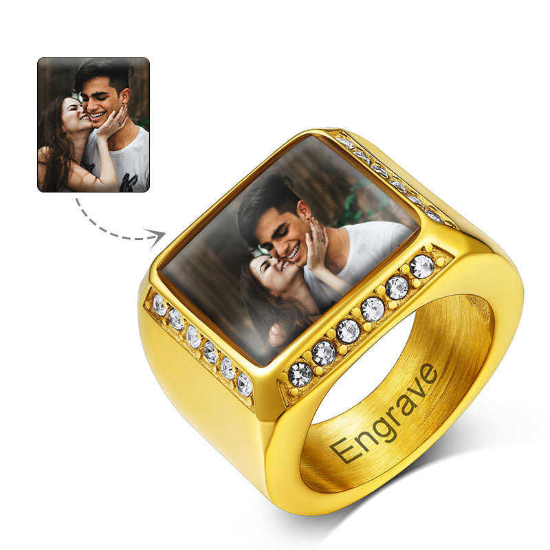 Personalized Photo Name Square Signet Ring Gift for Men and Women