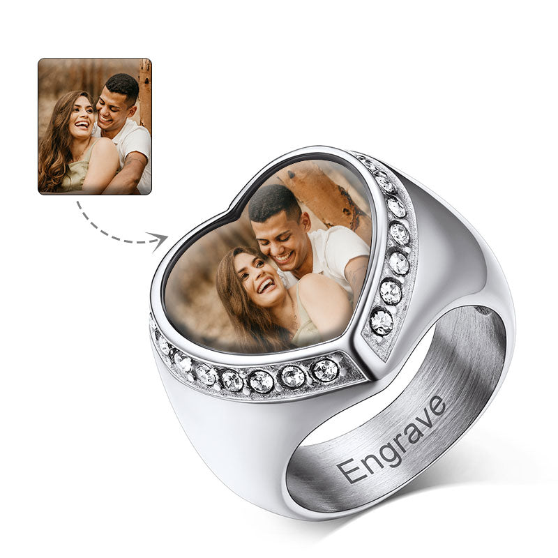 Personalized Custom Heart Photo Signet Ring for Women and Men