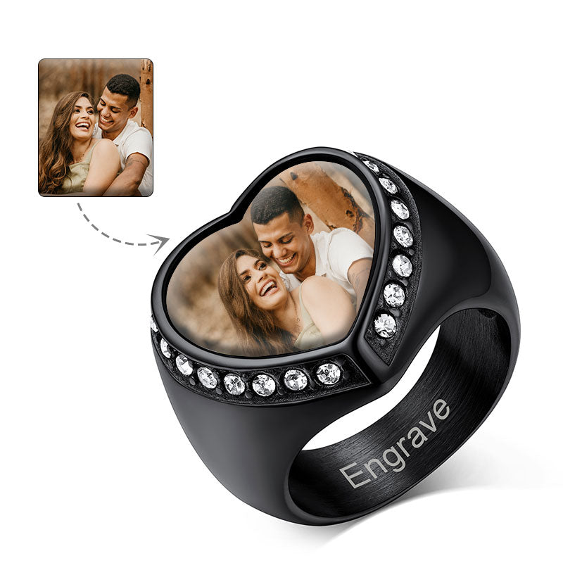 Personalized Custom Heart Photo Signet Ring for Women and Men