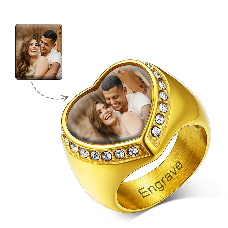 Personalized Custom Heart Photo Signet Ring for Women Men