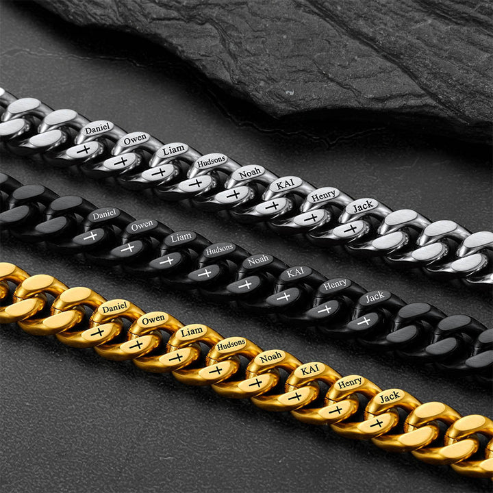 Personalized Multi Names Cuban Chain Bracelet with Cross Gift for Him Mens, 12MM Width