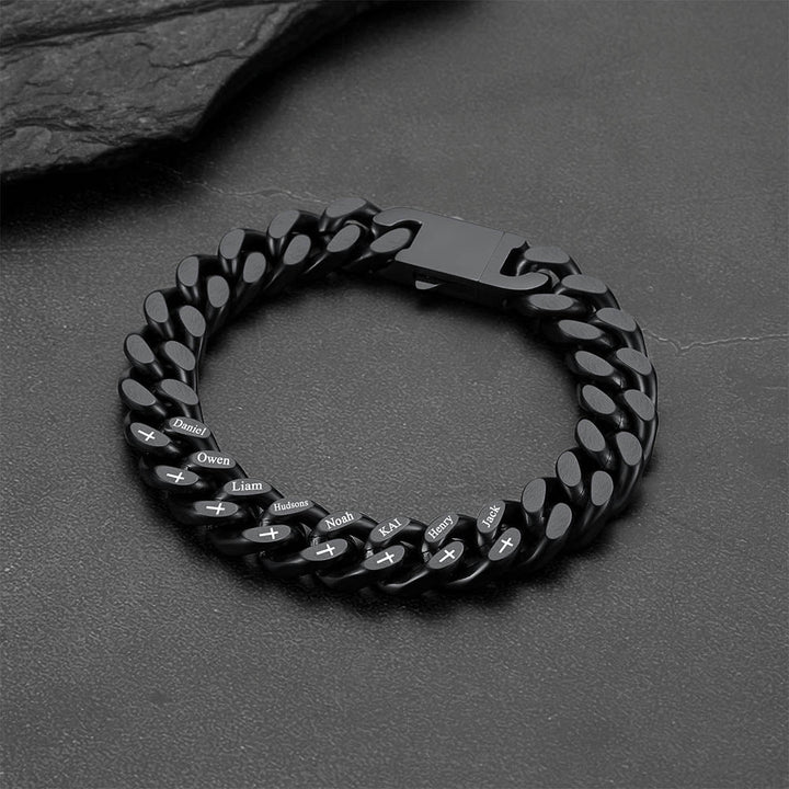 Personalized Multi Names Cuban Chain Bracelet with Cross Gift for Him Mens, 12MM Width