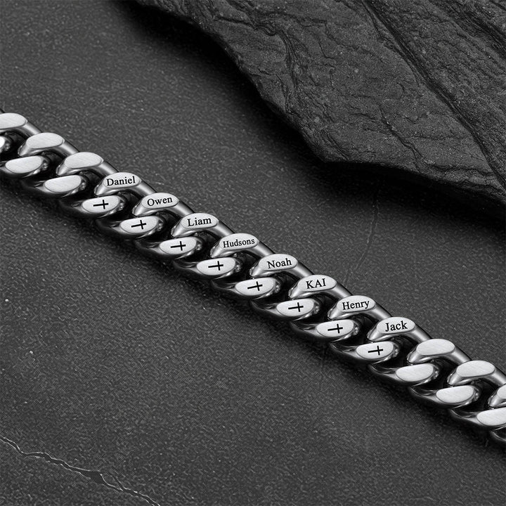 Personalized Multi Names Cuban Chain Bracelet with Cross Gift for Him Mens, 12MM Width