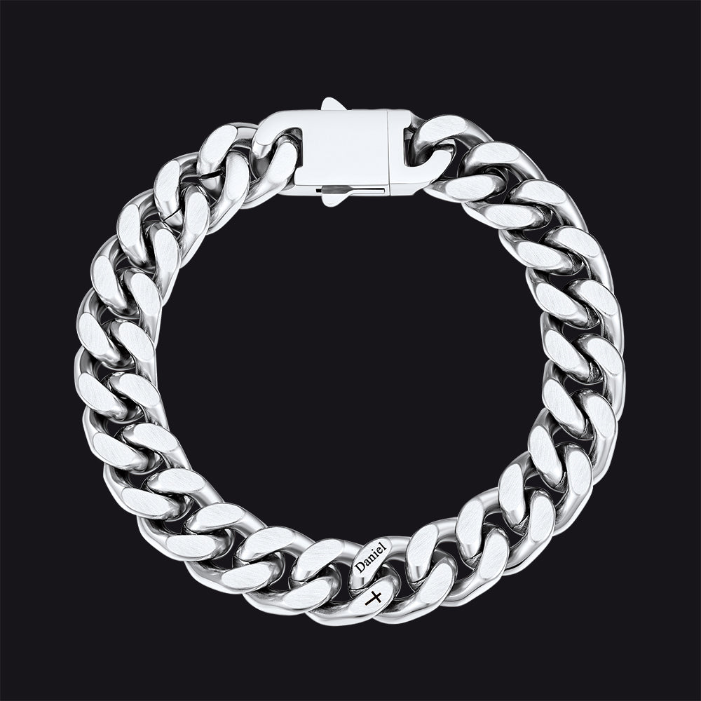 Personalized Multi Names Cuban Chain Bracelet with Cross Gift for Him Mens, 12MM Width
