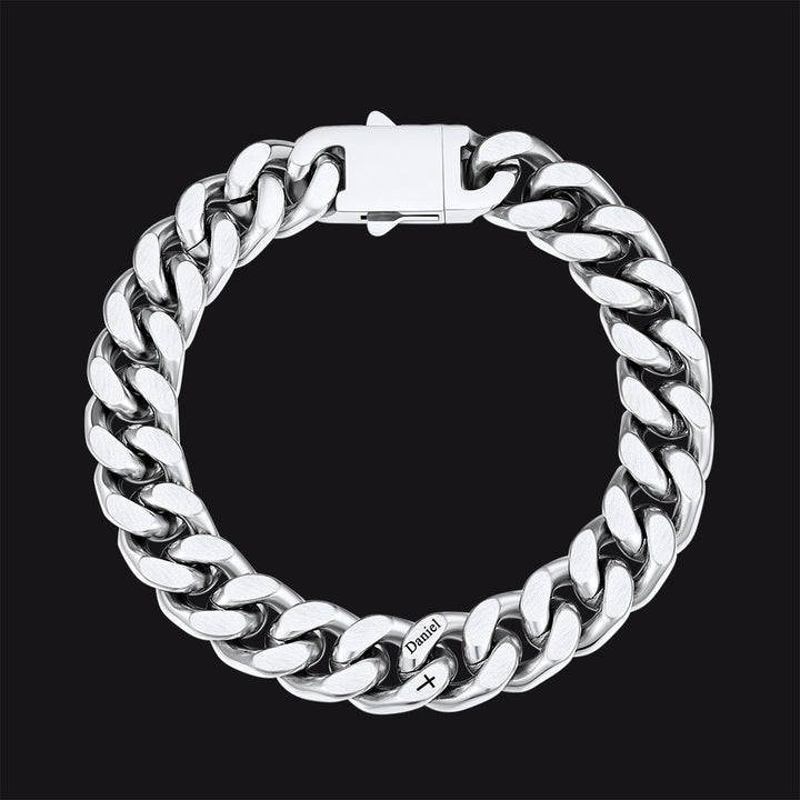 Personalized Multi Names Cuban Chain Bracelet with Cross Gift for Him Mens, 12MM Width