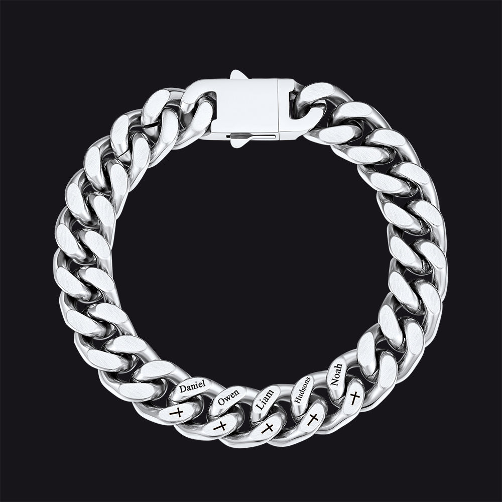 Personalized Multi Names Cuban Chain Bracelet with Cross Gift for Him Mens, 12MM Width